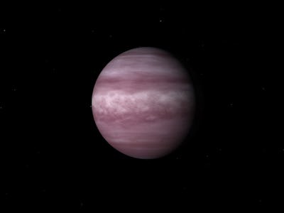 An illustration of a gas-giant planet around another star. Bands of clouds shades of two colors alte...