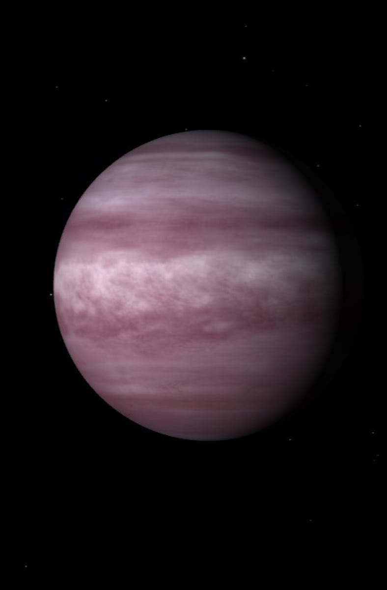 An illustration of a gas-giant planet around another star. Bands of clouds shades of two colors alte...