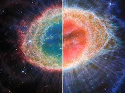 This visual shows two images side by side of the Ring Nebula. The image on the left shows Webb’s NIR...