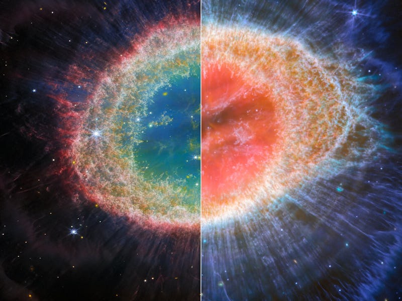 This visual shows two images side by side of the Ring Nebula. The image on the left shows Webb’s NIR...