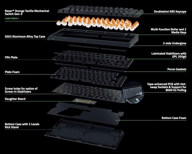 The different parts of Razer's BlackWidow V4 75% customizable mechanical gaming keyboard with hot-sw...