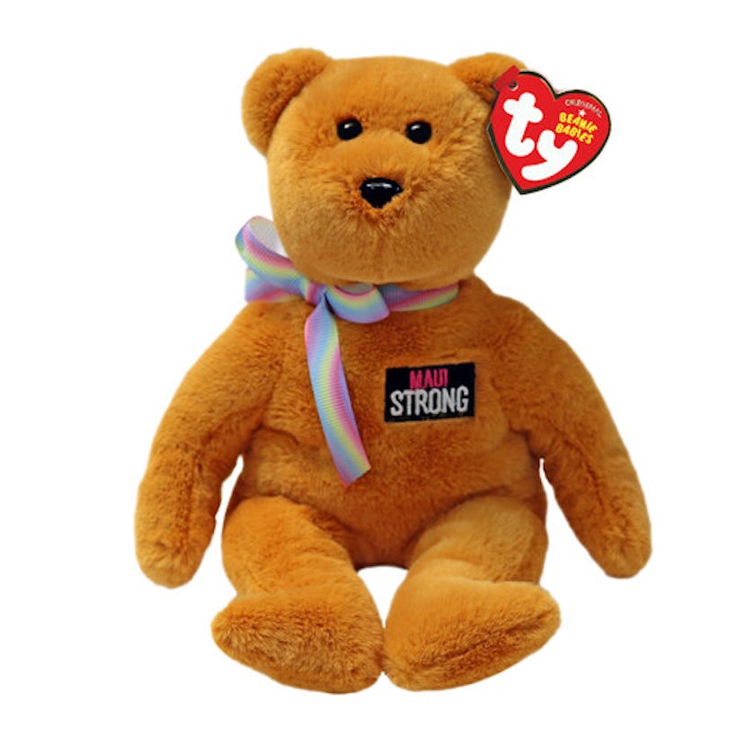 Gold Beanie Baby Bear named Aloha with a rainbow tie and a Maui Strong patch