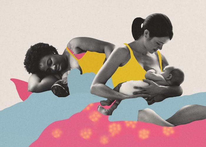 collage of moms breastfeeding babies in various nursing positions