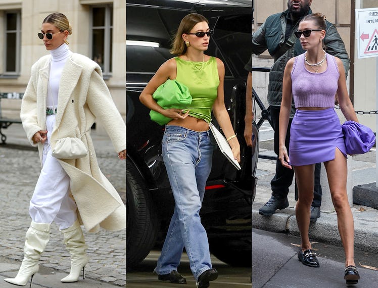Hailey Bieber wears three colors of Bottega Veneta clutches