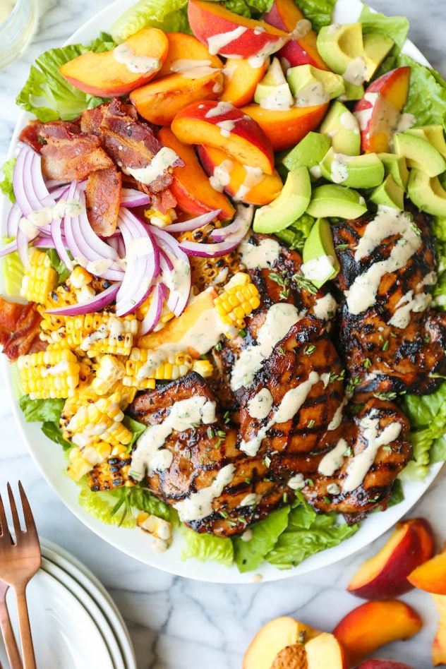 rosemary chicken salad with peaches and creamy balsamic
