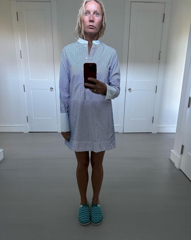 Gwyneth Paltrow wears a shirtdress and slippers in a photo posted to her Instagram.