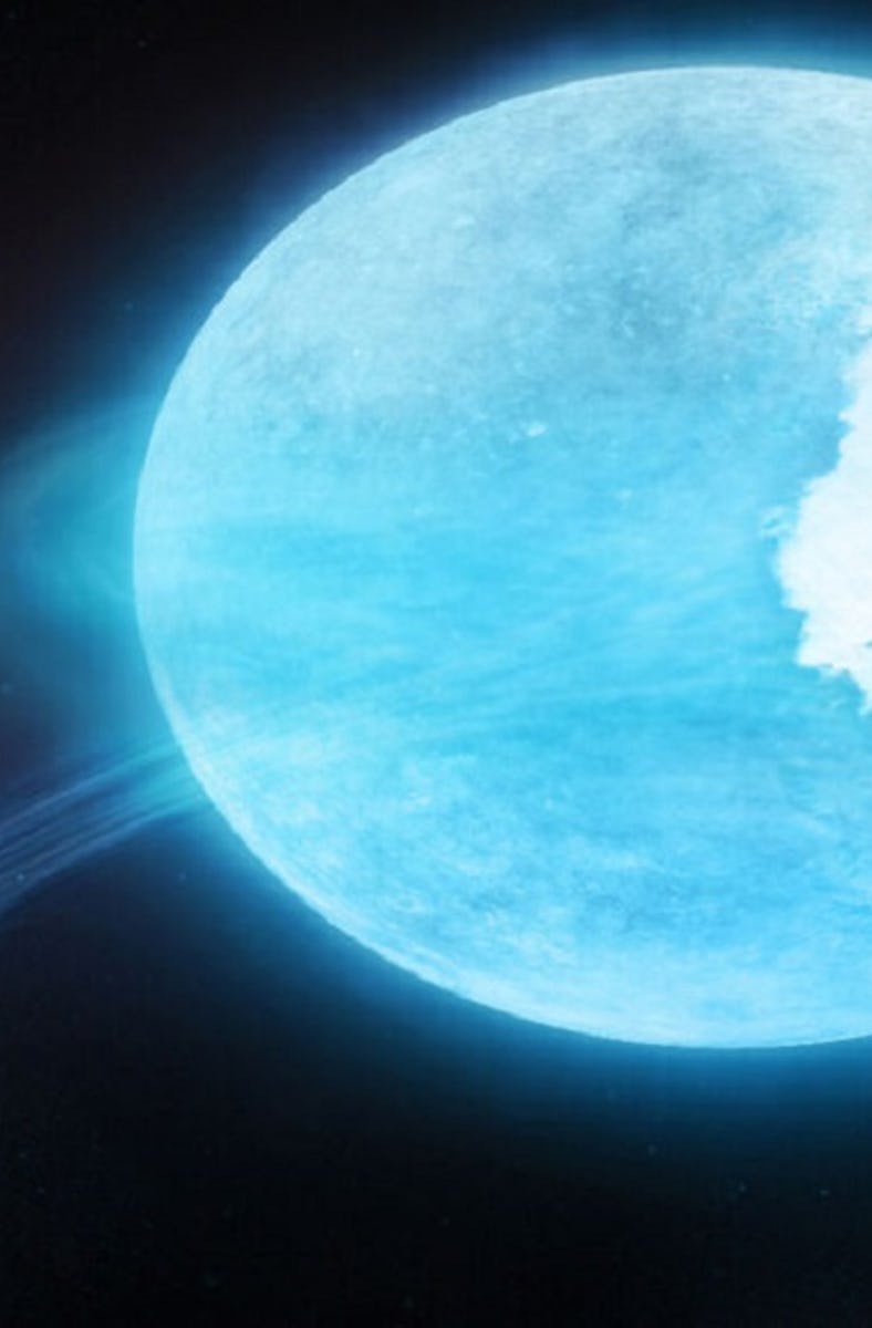 illustration of a large blue star with a tidal wave sweeping across its surface, and a smaller blue ...