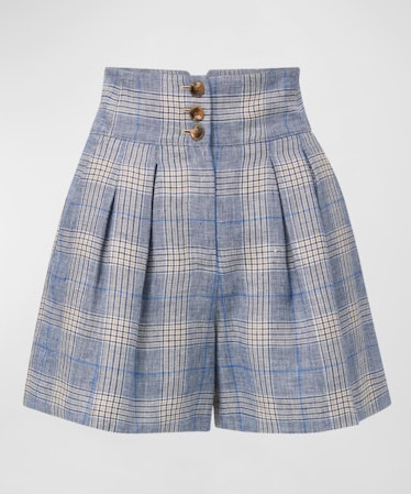 blue plaid linen shorts