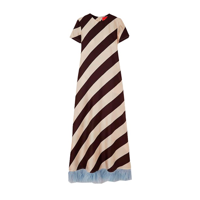La Double J Swing Striped Feather-Trimmed Silk-Twill Maxi Dress