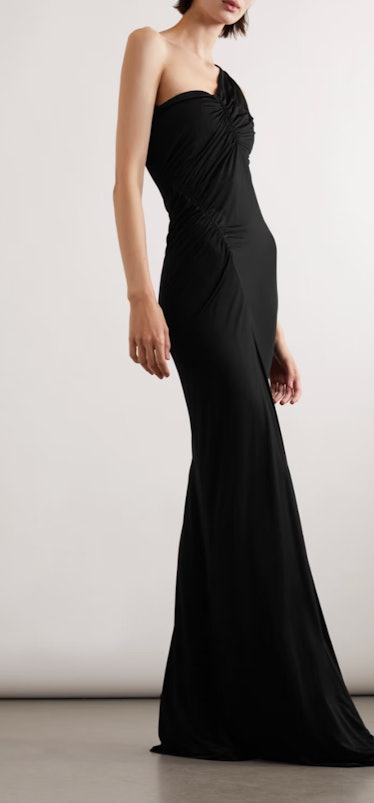 one-shoulder black gown