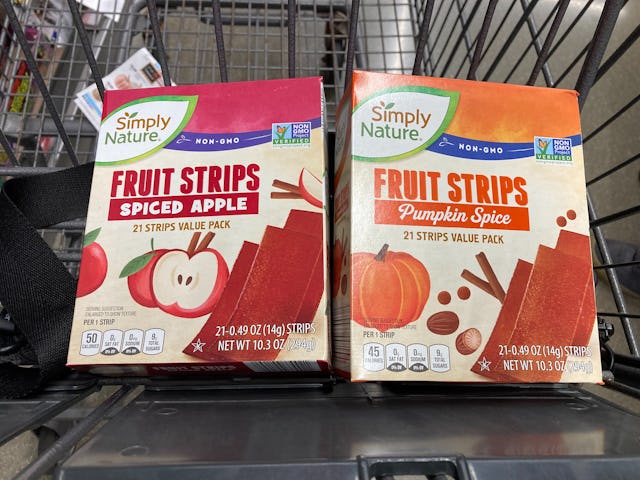 Aldi has new fall products available, such as Pumpkin Spice Fruit Strips.