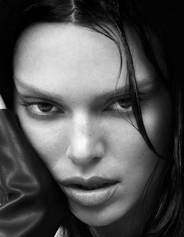 Model Kendall Jenner wears a leather glove.