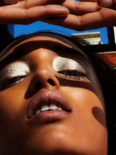 Close up shot of Model Mona Tougaard face wearing eyeshadow.