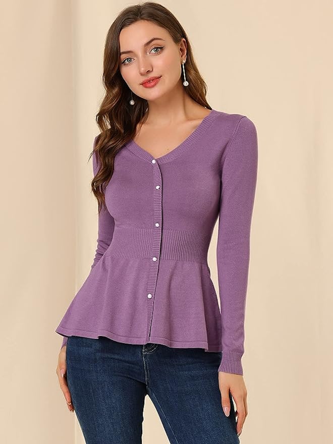 Allegra K Long Sleeve Ribbed Peplum Top