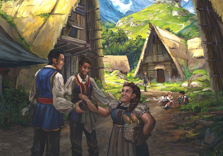 D&D art for Phandelver and Below, people in a village.
