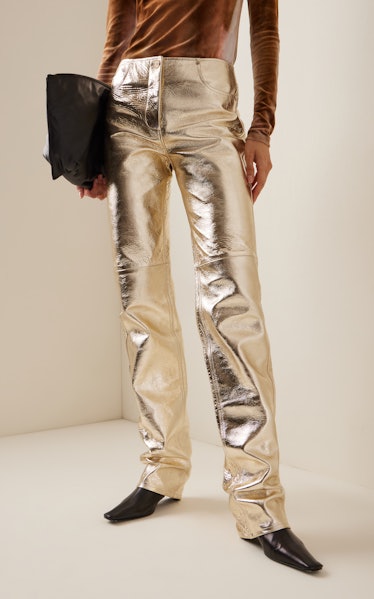 Metallic Leather Straight-Leg Pants