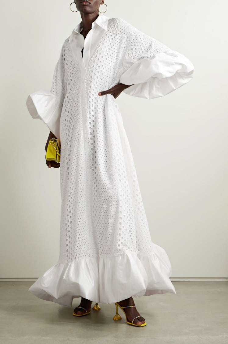 Oversized Shantung-Trimmed Broderie Anglaise Cotton-Blend Maxi Dress