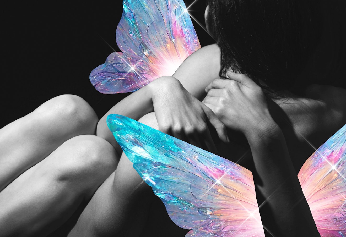 A photo collage featuring two people embracing, alongside a pair of fairy wings.