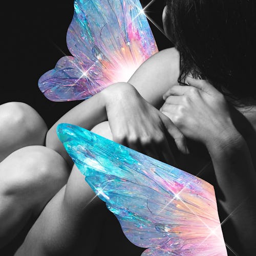 A photo collage featuring two people embracing, alongside a pair of fairy wings.