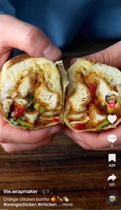 A TikToker shares an orange chicken burrito recipe on TikTok that tastes like Panda Express. 