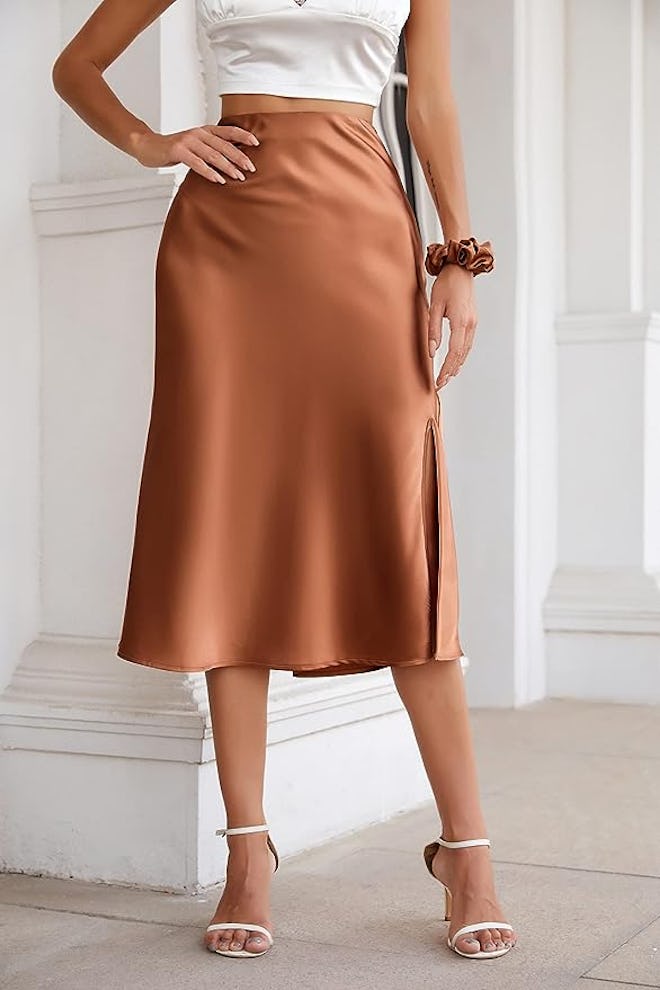 ALCEA ROSEA High-Waisted Slit Satin Midi Skirt