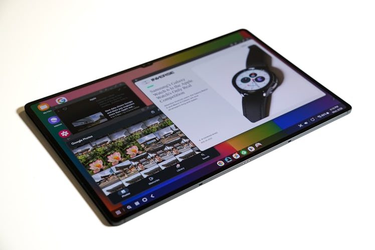 Samsung Galaxy S9 Tab Ultra Android tablet running three apps in DeX mode