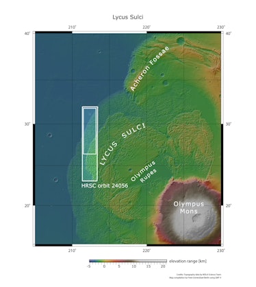 A topographical map that shows where the earlier images were taken, in comparison to Olympus Mons. T...