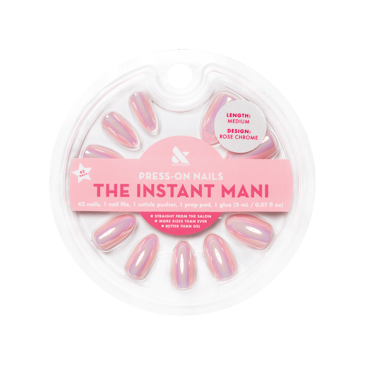 Olive &amp; June x Beats Rose Chrome press-on nails.