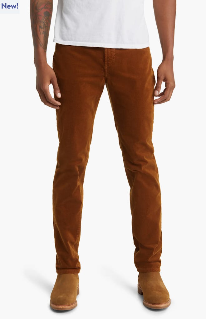 Rust velvet slim fit pants for men, great for family fall photoshoot outfits