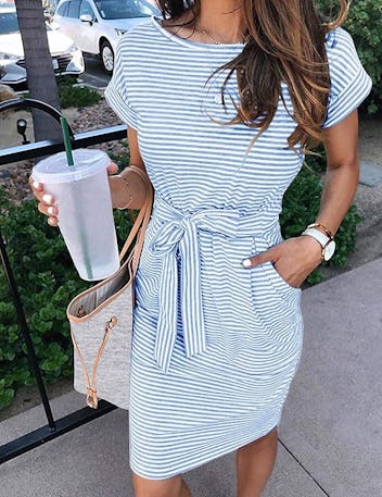 MEROKEETY Tie Waist T-Shirt Dress