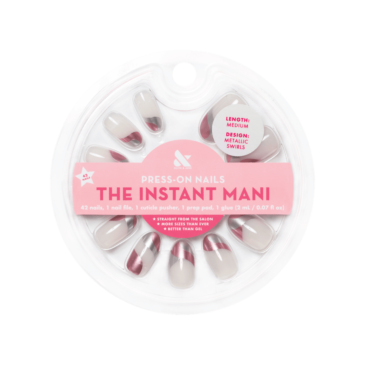 Olive &amp; June x Beats Metallic Swirls press-on nails.