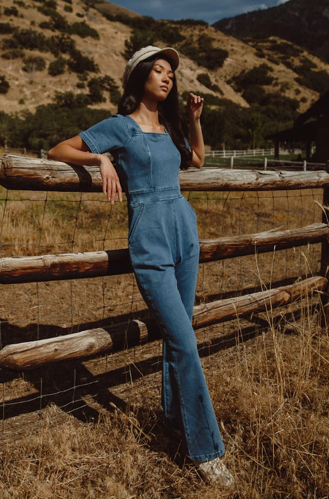 Women's denim jumpsuit, perfect for fall family photoshoot outfits