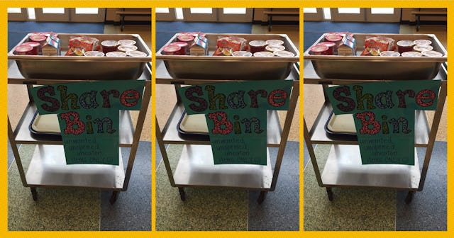 Grindstone Elementary PTA shows a "share bin" or "share table" in the school cafeteria.