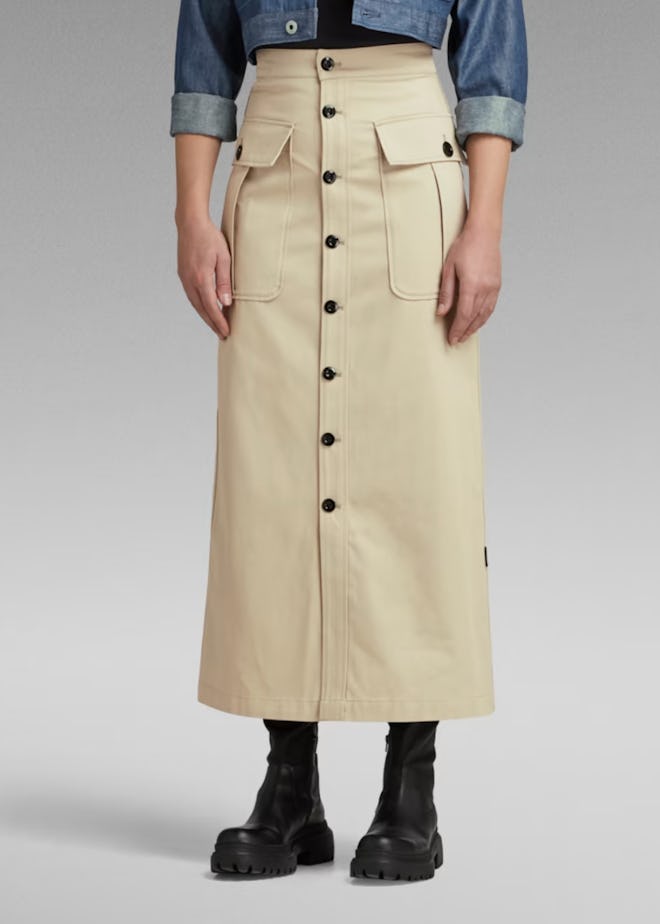 Button Down Long Pocket Maxi Skirt