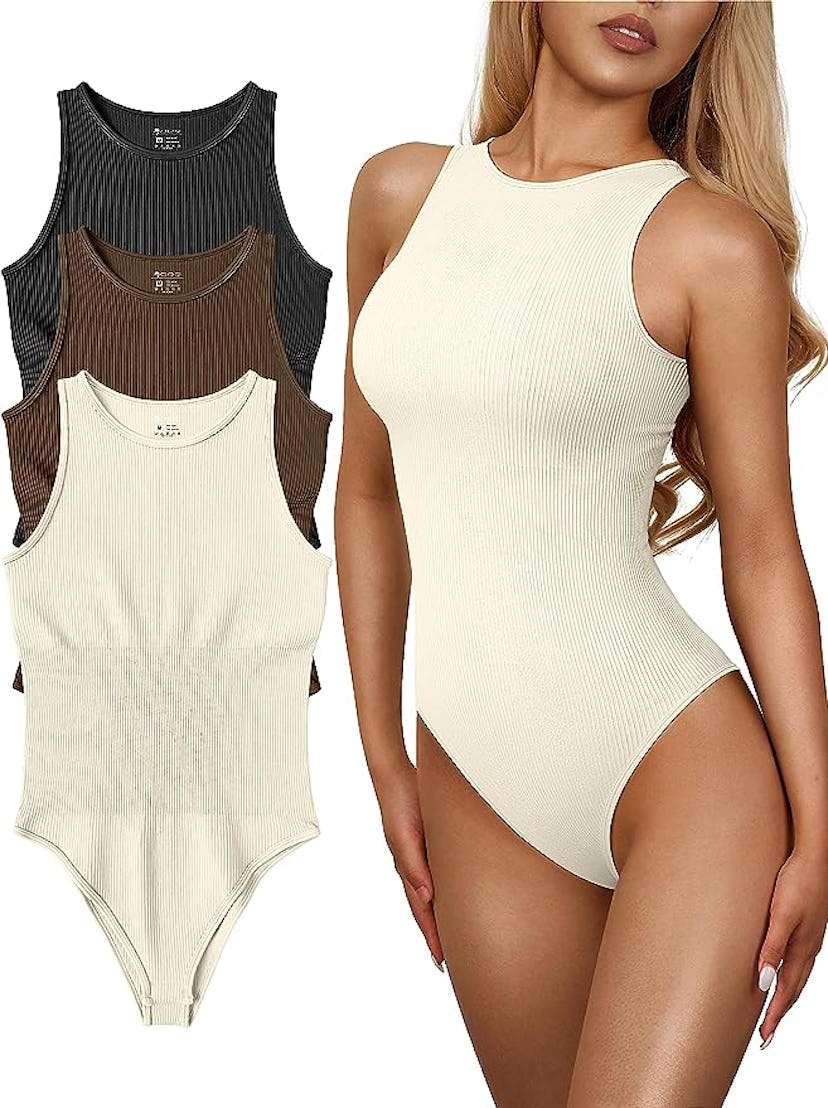 OQQ Sleeveless Ribbed Bodysuits (3-Pack)