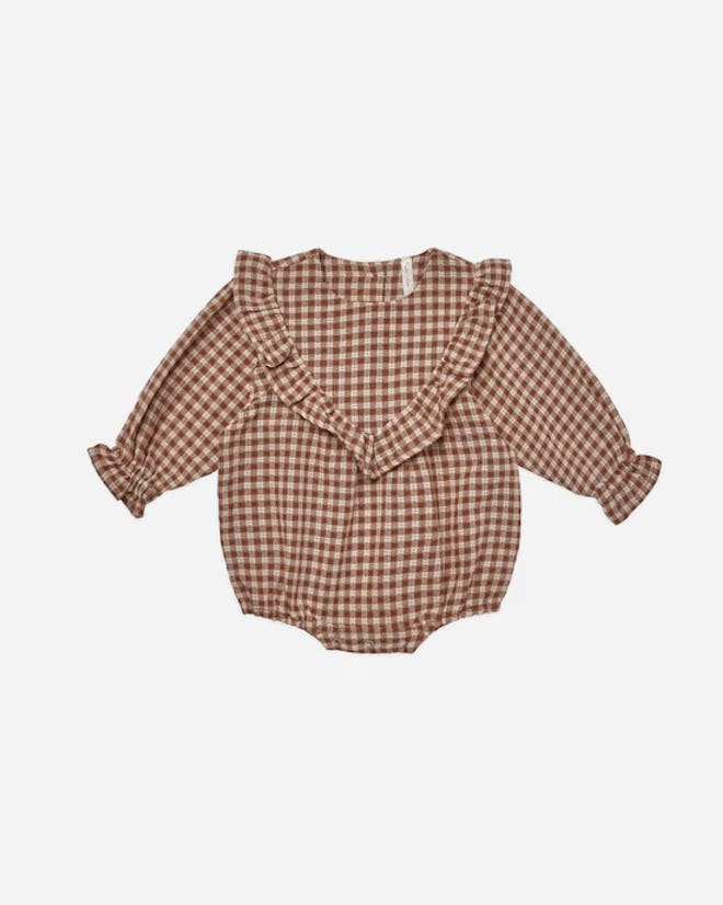 Brown gingham romper for babies fall photoshoot outfits