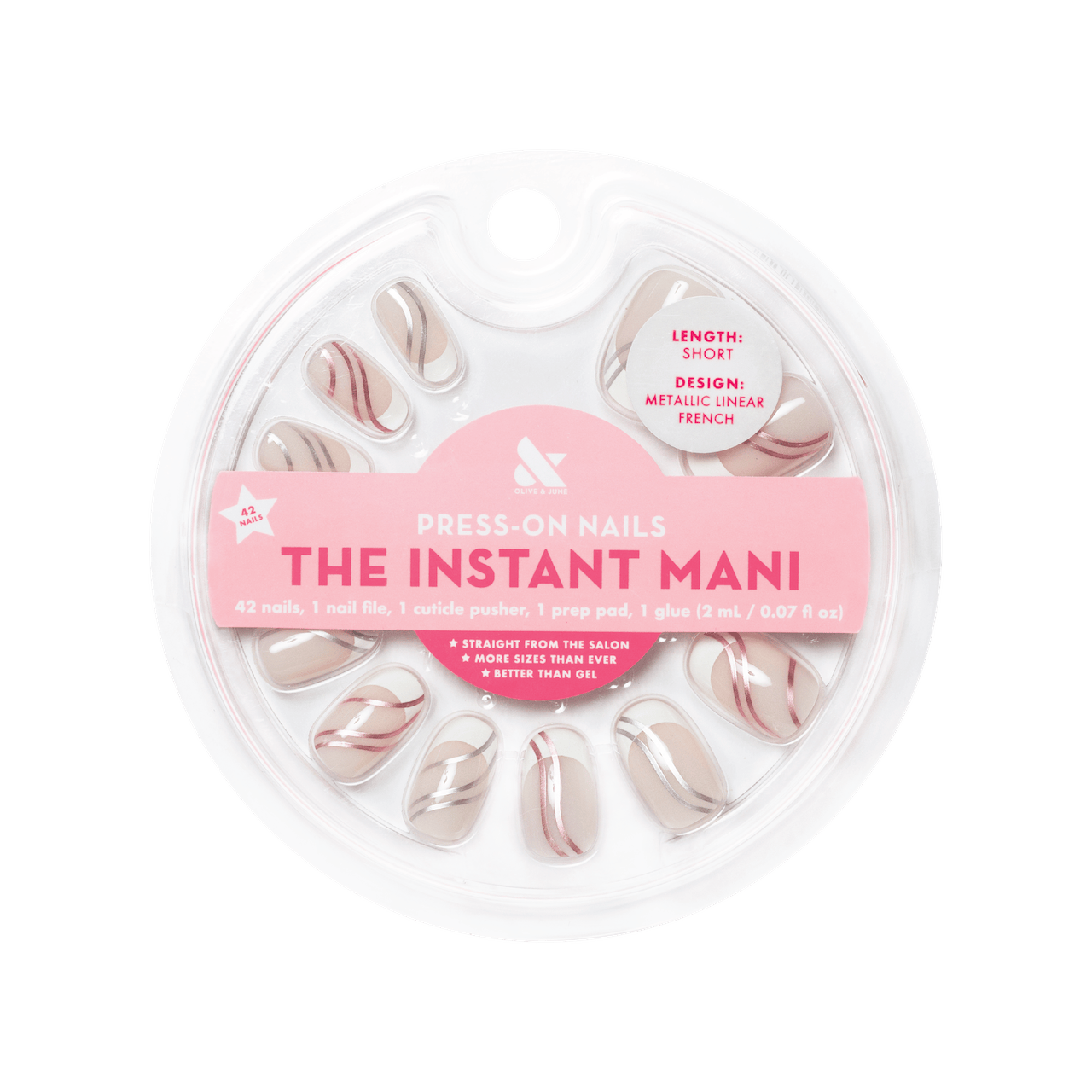 Olive &amp; June x Beats Metallic Linear French press-on nails.