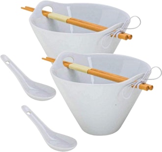 Tasse Verre Porcelain Noodle Soup Bowl w/Bamboo Chopsticks and Ceramic Spoon (2-Pack)