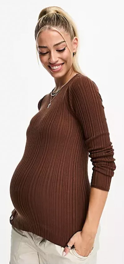 Maternity Crew Neck Ribbed Sweater for family fall photoshoot oufits