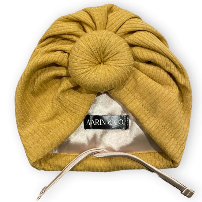 Adjustable Mustard Ribbed Turban, the perfect accessory for fall photoshoot outfits for babies