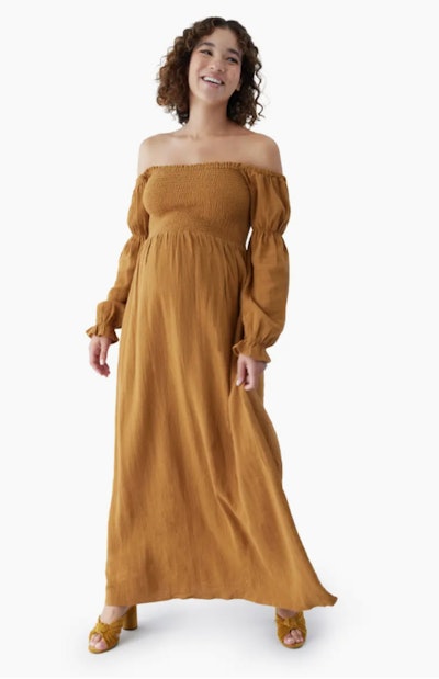 The Dream Off the Shoulder Long Sleeve Cotton Maternity Midi Dress, a fall photoshoot outfit idea