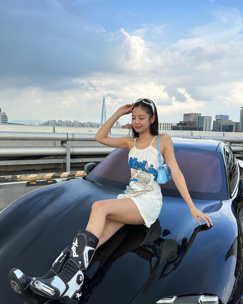 Jennie Kim wears an ERL halter knit dress and self-portrait bag in a photo posted to her Instagram.
