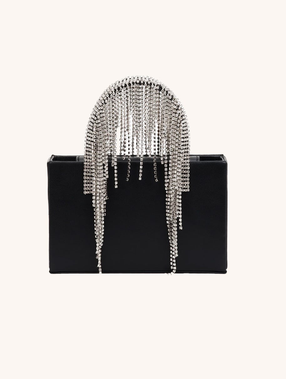Black Midi Crystal Fringe Tote