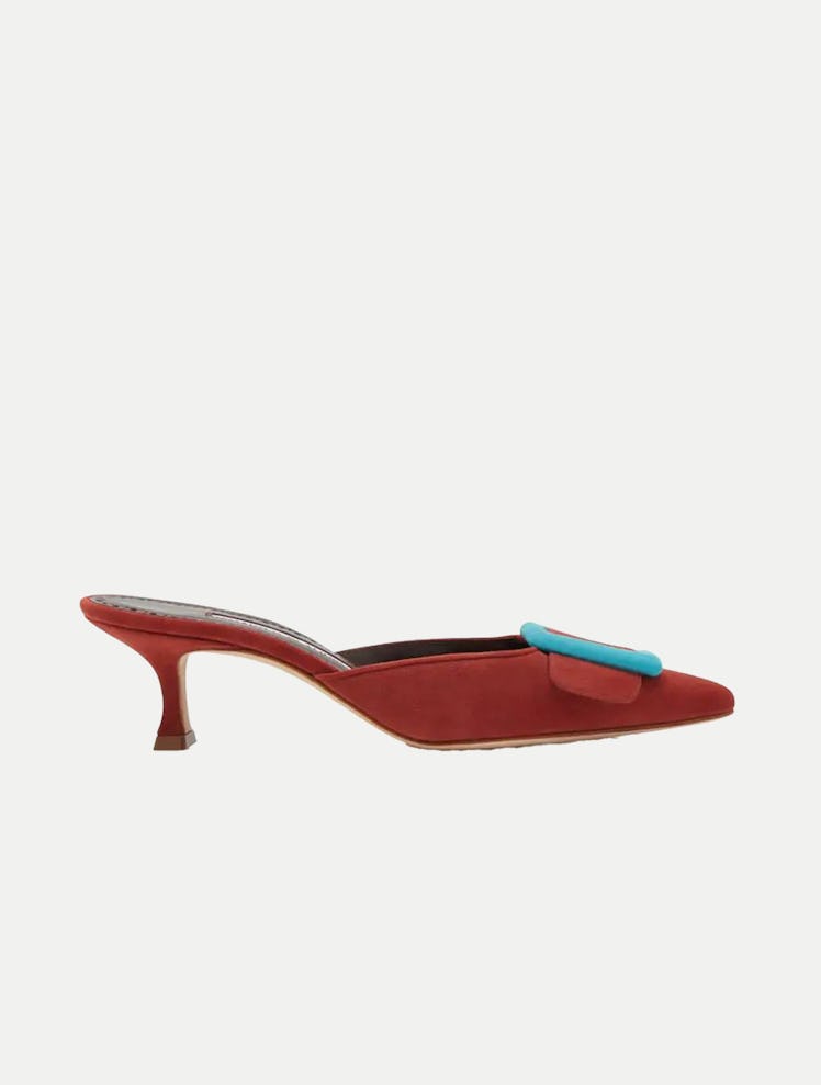 Red And Light Blue Suede Buckle Mules