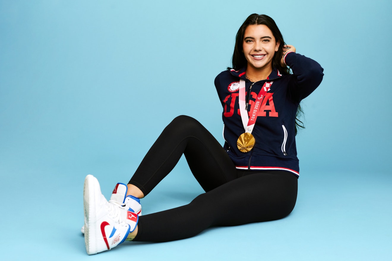 Paralympic swimmer Anastasia Pagonis wears her gold medal