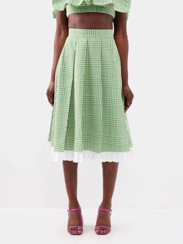Double-Layered Pleated Gingham Midi Skirt