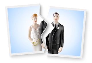 A photo of married cake toppers split in half.