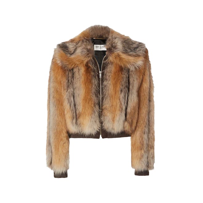Saint Laurent Cropped Jersey-Trimmed Faux Fur Bomber Jacket