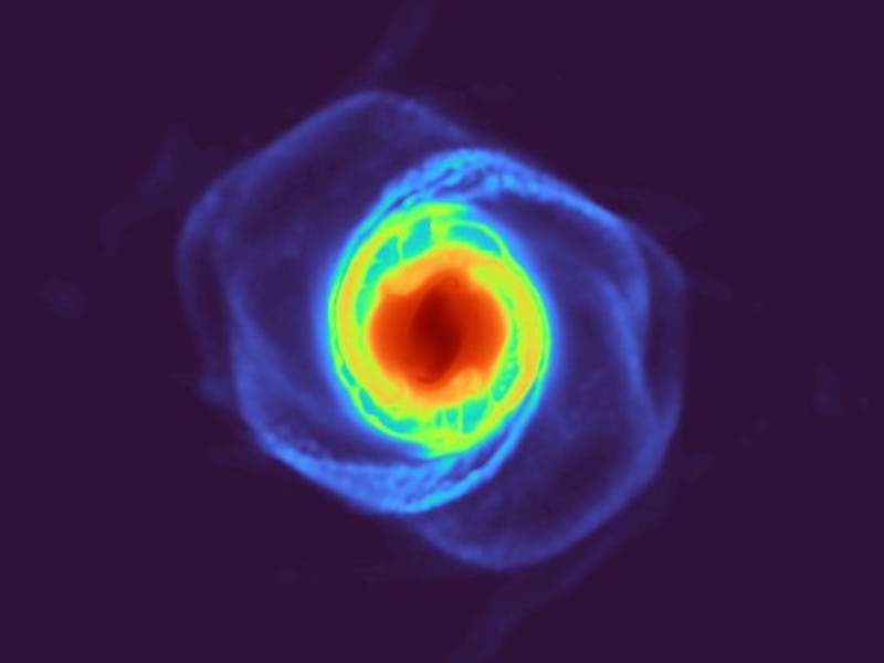 A simulation of the impact that formed a planet denser than steel. Its outer edge is made of two ove...