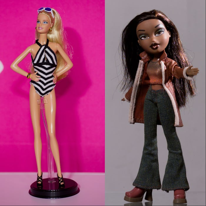 A Barbie doll and a Bratz doll, side by side.